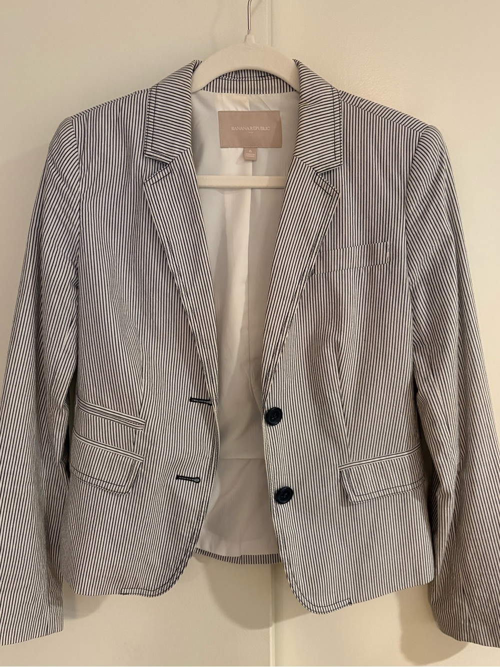 Banana Republic Stripe Blazer Navy Blue White Size 6 Medium Cotton Lined